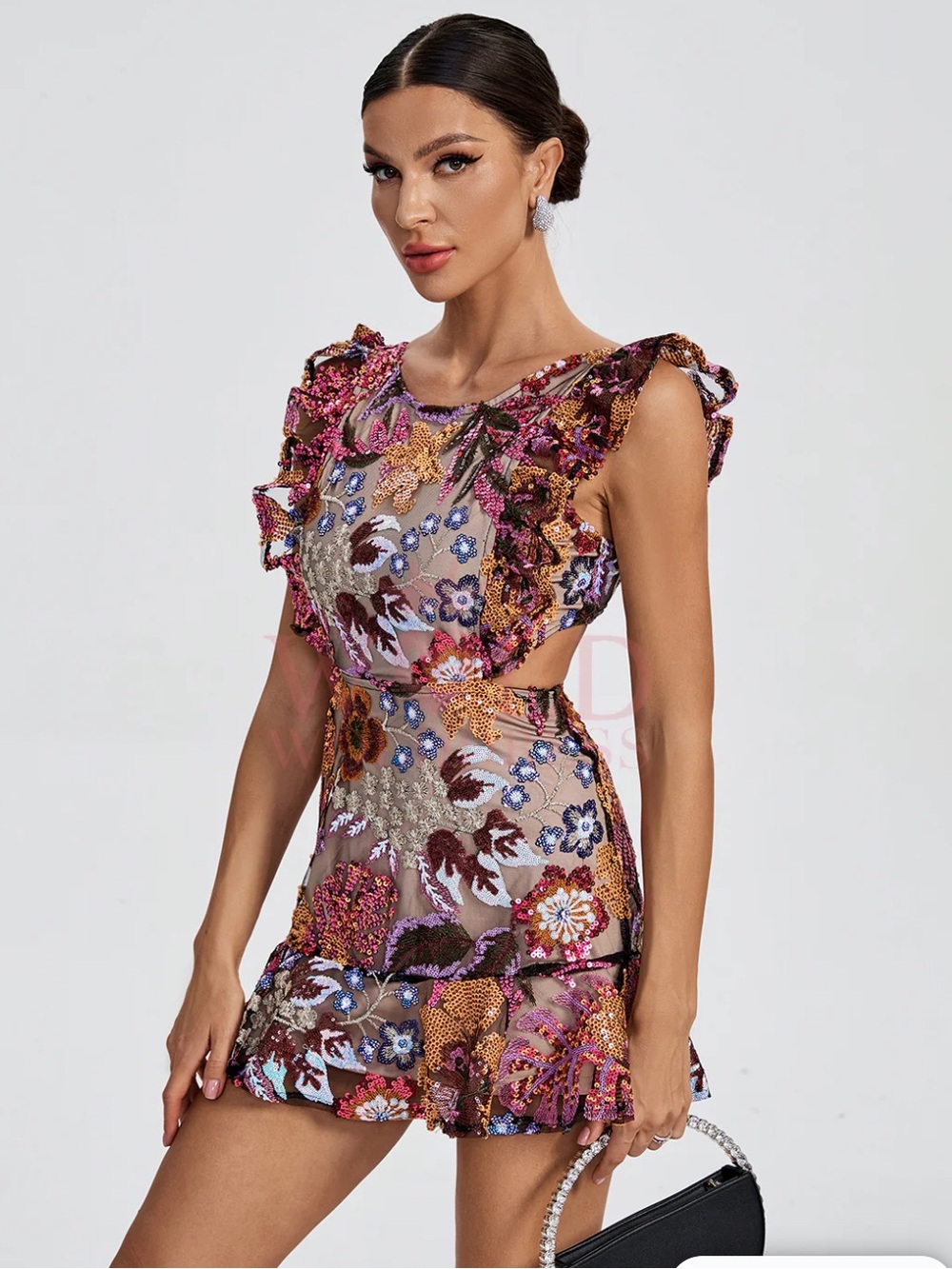 NWT Dahlia Floral-Embellished Beaded 
Ruffle Mini Dress Catchall Size Medium